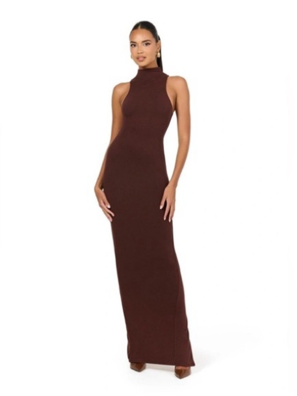Naked Wardrobe Brown Square‑Neck Long Sleeve Maxi Dress Size M